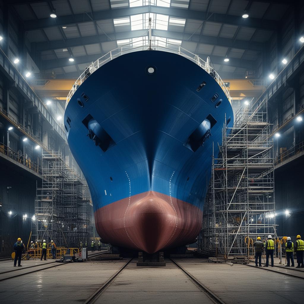 Casco de navio em manutenção dentro de hangar do estaleiro